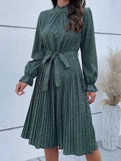 Animal Print Mock Neck Flounce Sleeve Dress Black Forest