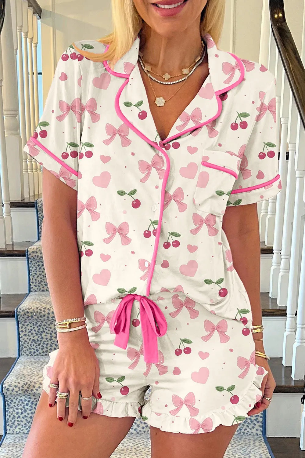 Printed Button Up Short Sleeve Top and Shorts Lounge Set Hot Pink