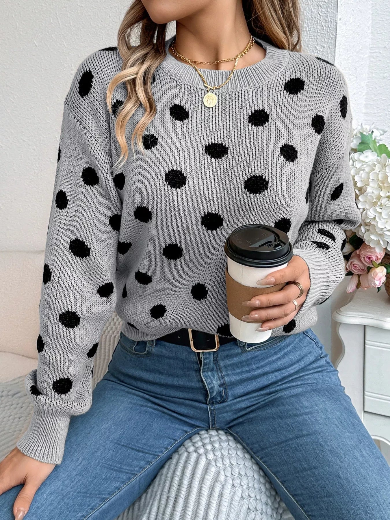 Polka Dot Round Neck Sweater