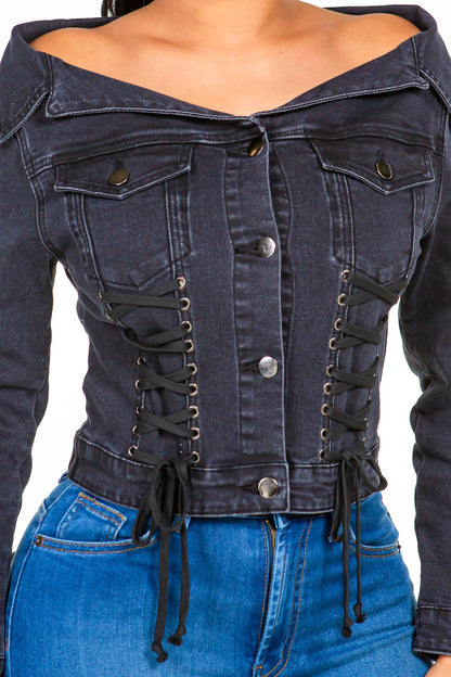 Women's Off-Shoulder Lace-Up Denim Jacket