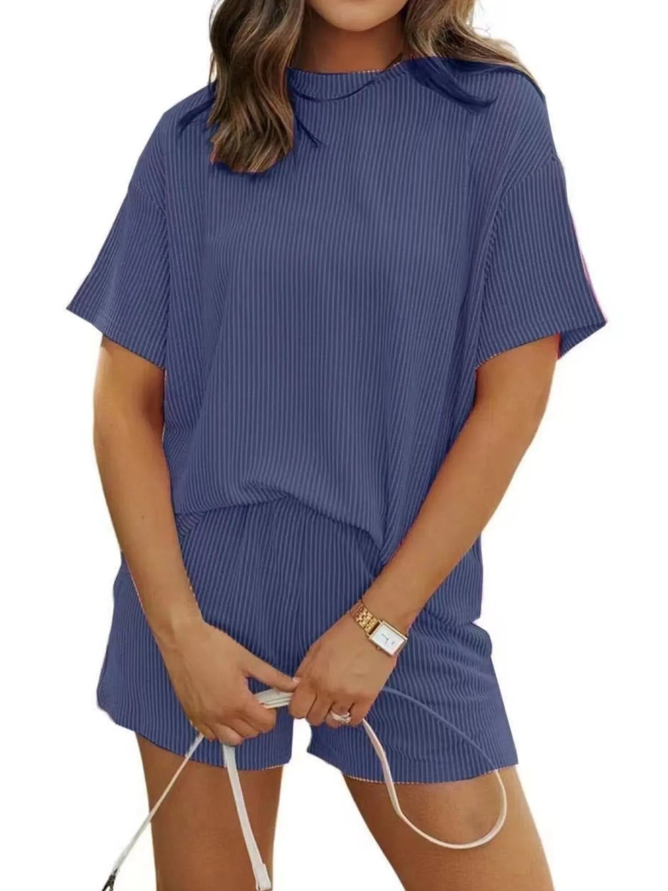 Full Size Ribbed Short Sleeve Top and Shorts Two-Piece Set Plus Size Navy Blue