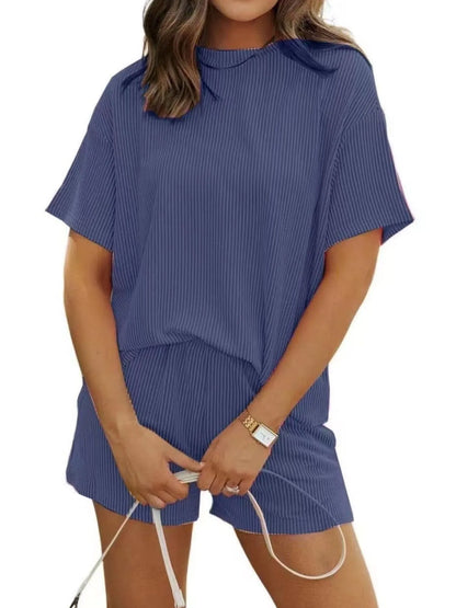 Full Size Ribbed Short Sleeve Top and Shorts Two-Piece Set Plus Size Navy Blue