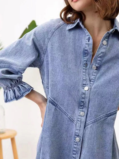 Ruffled Cuff Button-Down Denim Dress