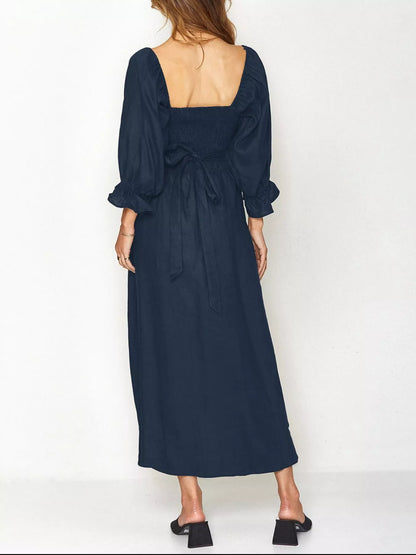 Smocked Puff Sleeves Midi Dress