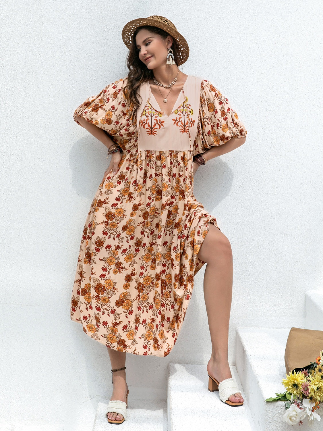 Back-to-School Plus Size Printed Tie-Neck Midi Dress Floral