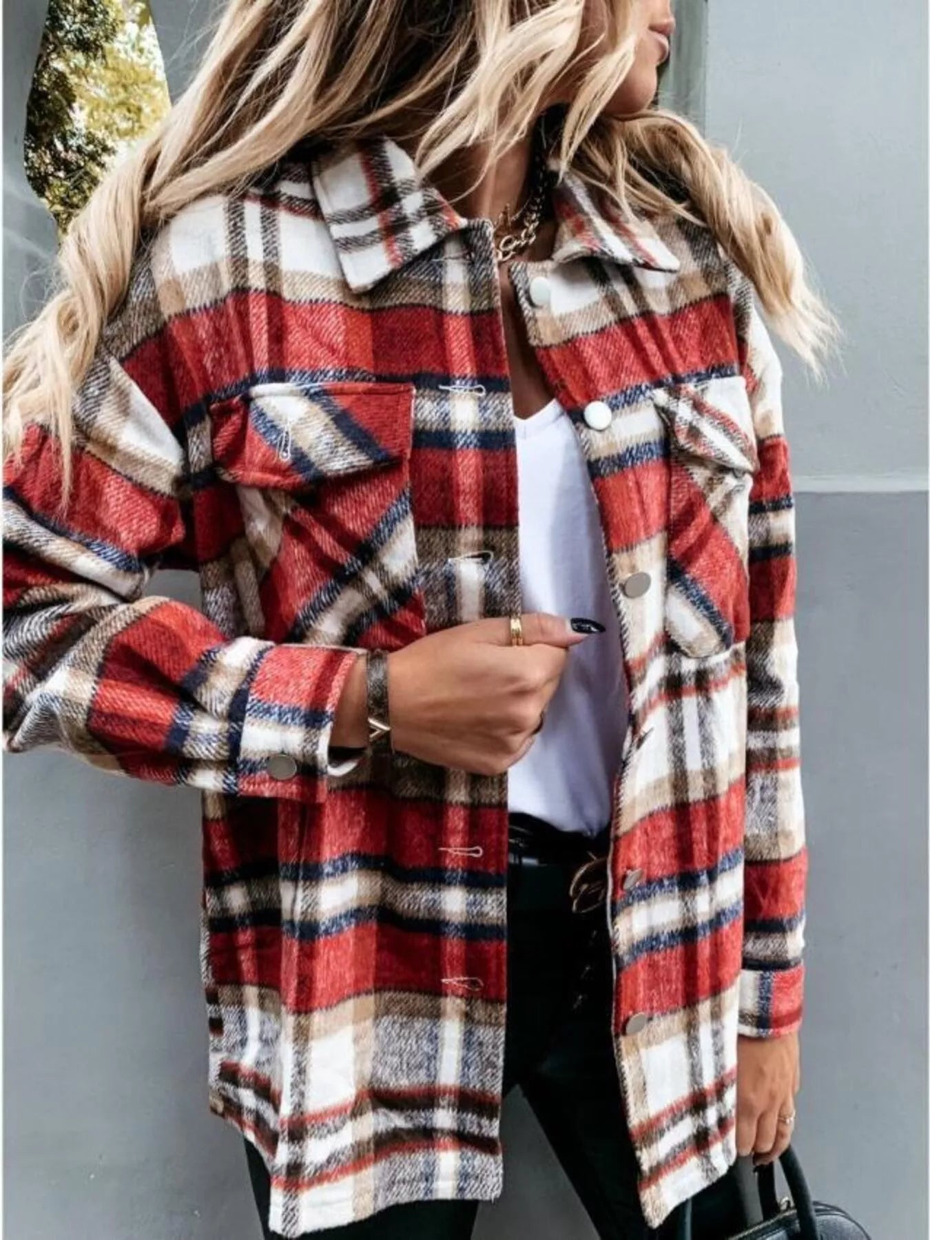 Plaid Button-Down Long Sleeve Shacket Scarlet