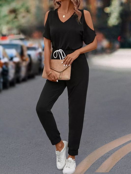 Cold Shoulder V-Neck Drawstring Waist Jumpsuit