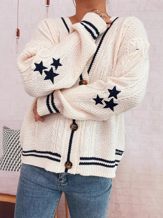 Star Pattern Button-Up Cardigan with Contrast Trim White One Size