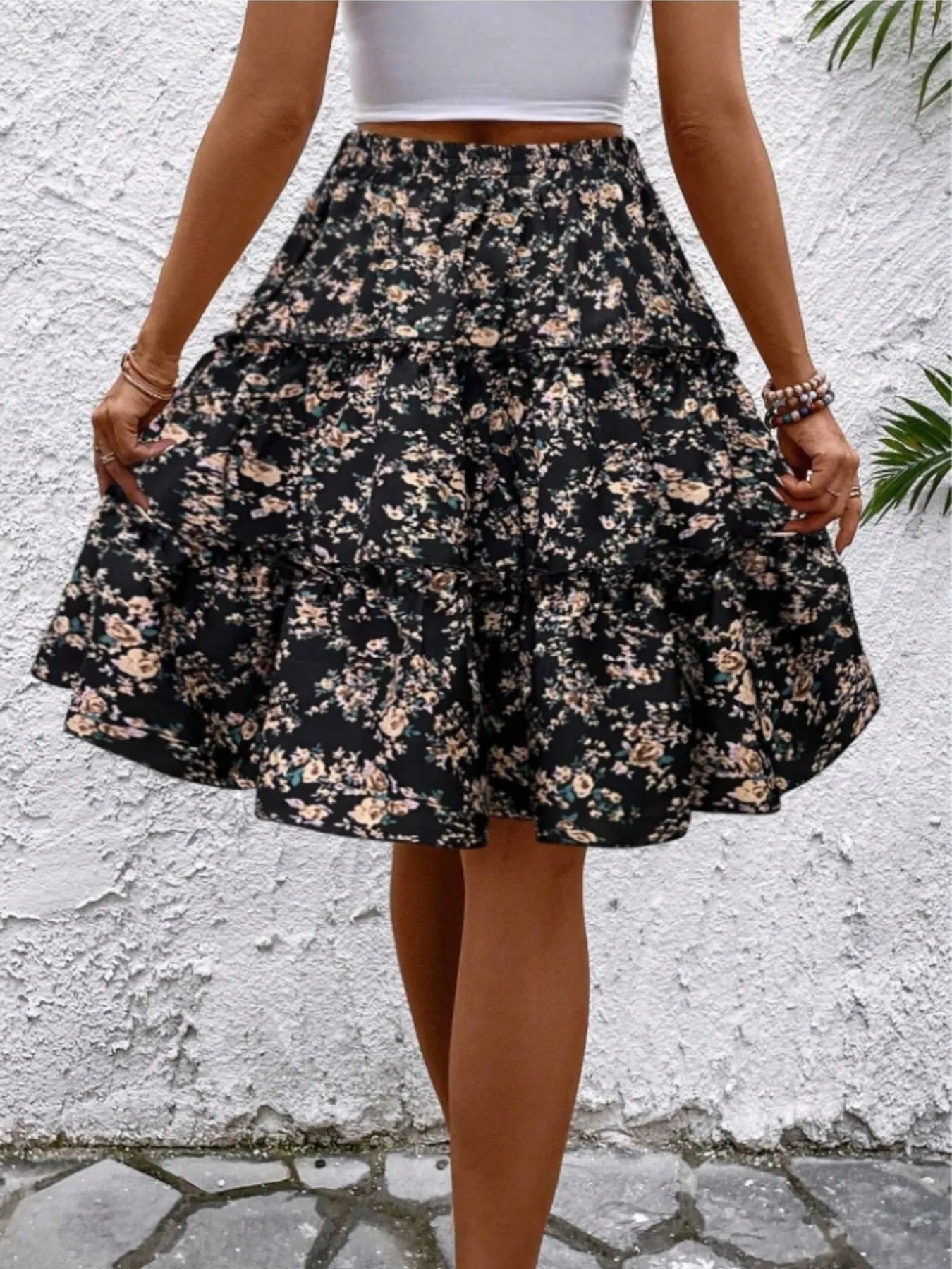 Floral Print Midi Skirt Black