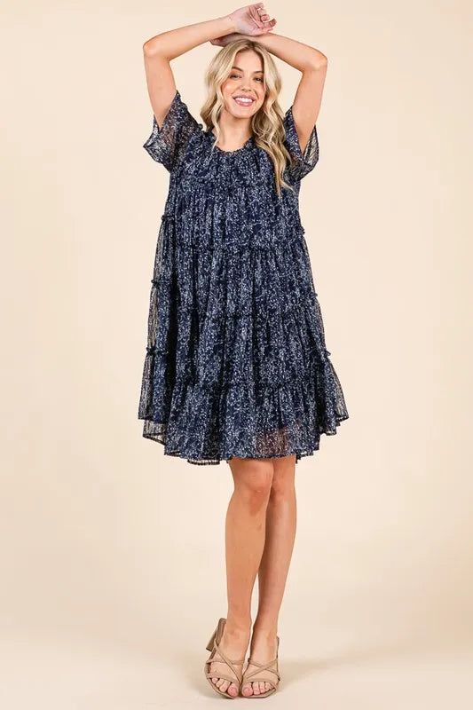 Lime 'N' Chili Ditsy Floral Print Sheer Ruffle Detail Mini Dress NAVY COMBO