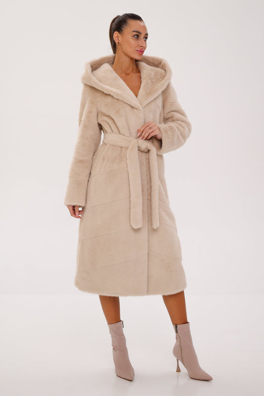 Faux Mink Effect Fur Hooded Coat Beige
