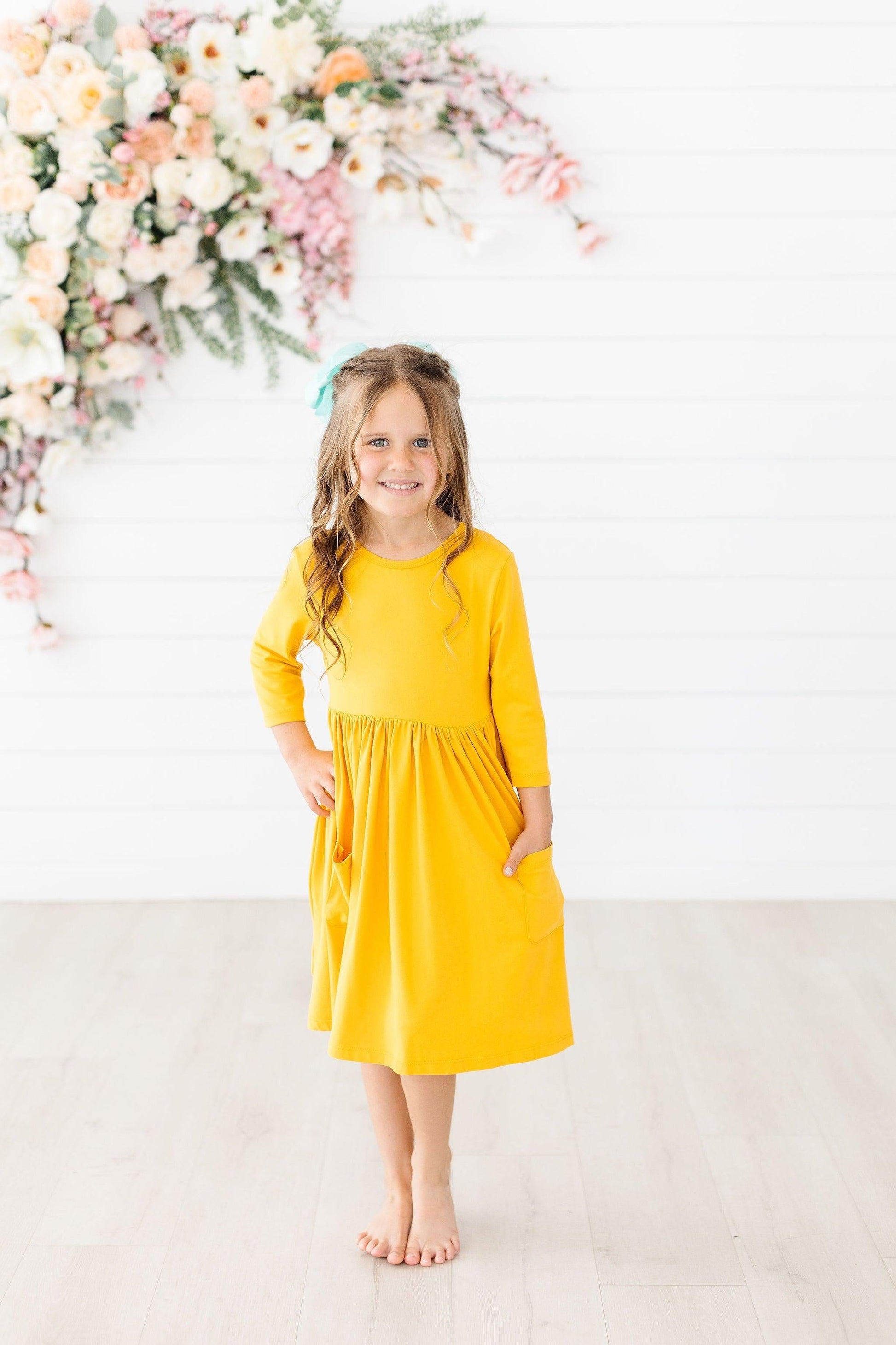 Mustard 3/4 Sleeve Pocket Twirl Dress