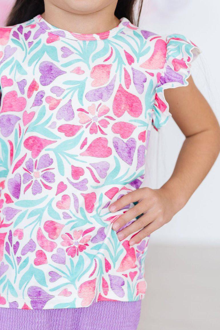Watercolor Hearts S/S Ruffle Tee