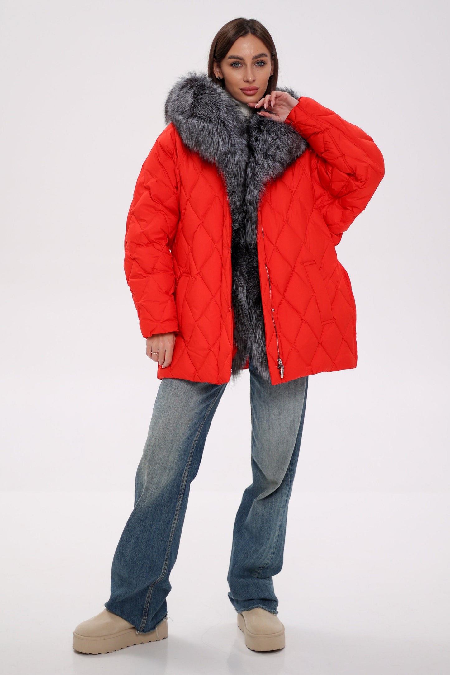 Genuine Silver Fox Down Fill Hooded Parka Red