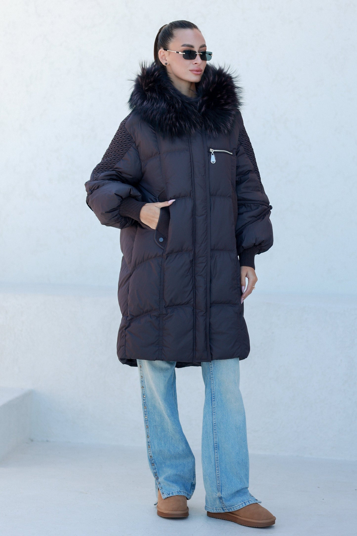 Dakota Genuine Fur Trim Down Fill Coat in Fig Fig