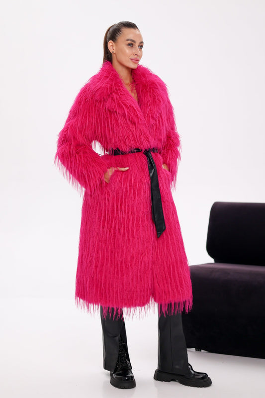 Faux Ostrich Effect Fur Coat Hot Pink