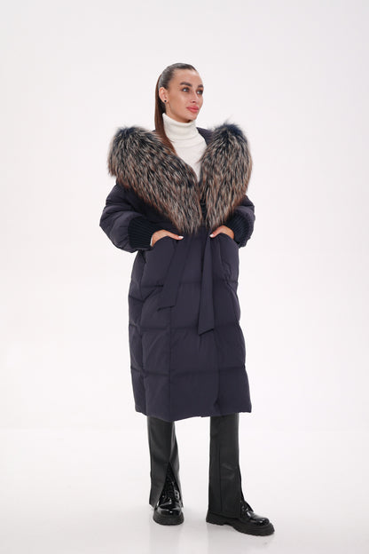 Rei Genuine Fur Trim Hooded Down Coat in Navy