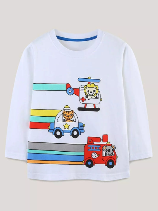 Children's Cartoon Vehicle Print Long Sleeve T-Shirt