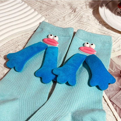 Cartoon Ribbed Knit Crew Socks Pastel Blue One Size