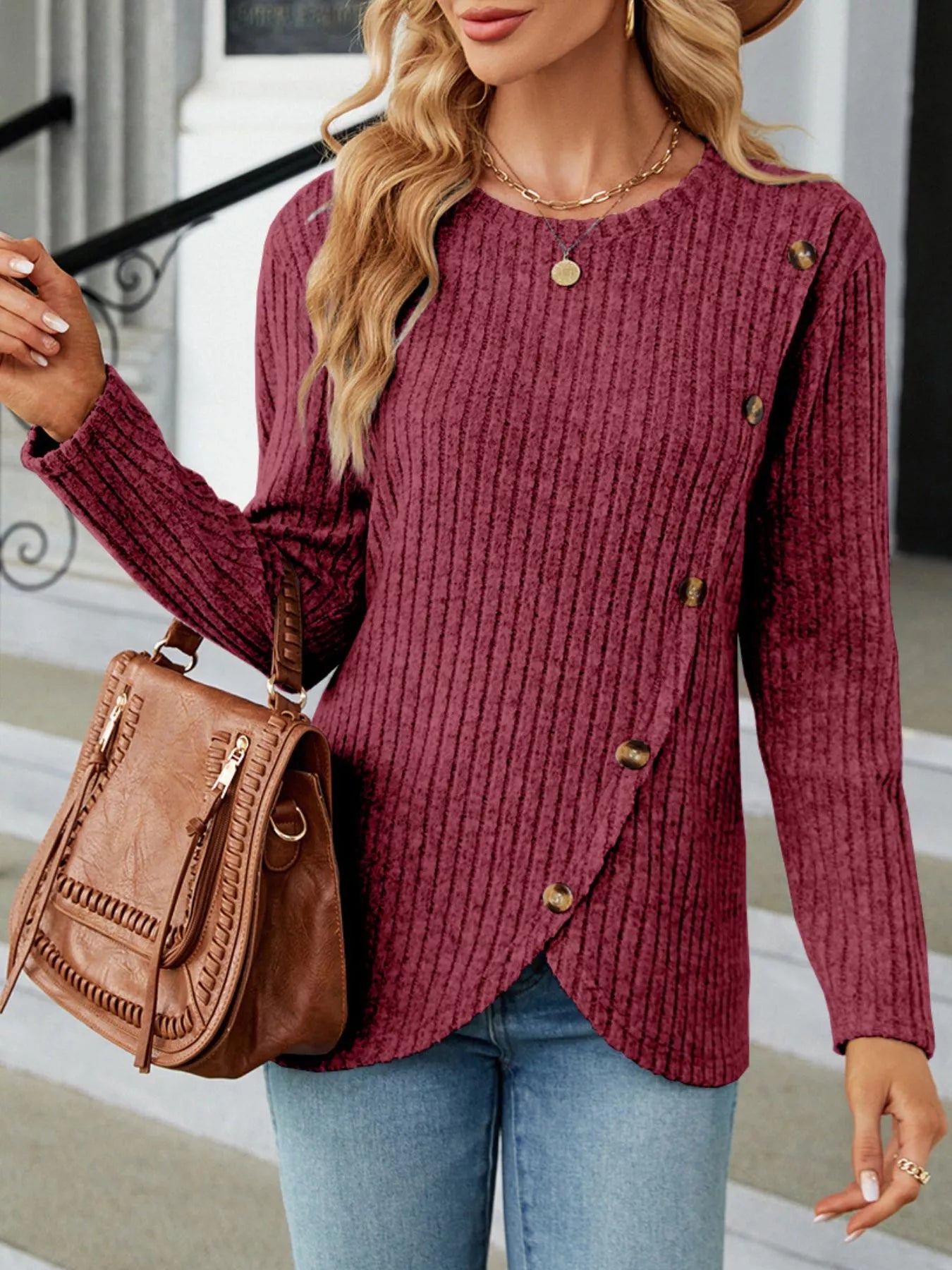 Ribbed Knit Decor Button T-Shirt Deep Purple