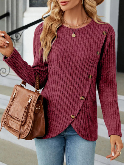 Ribbed Knit Decor Button T-Shirt Deep Purple