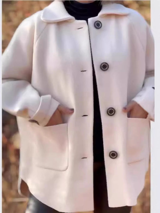 Full Size Button-Front Raglan Sleeve Coat Plus Size Ivory White