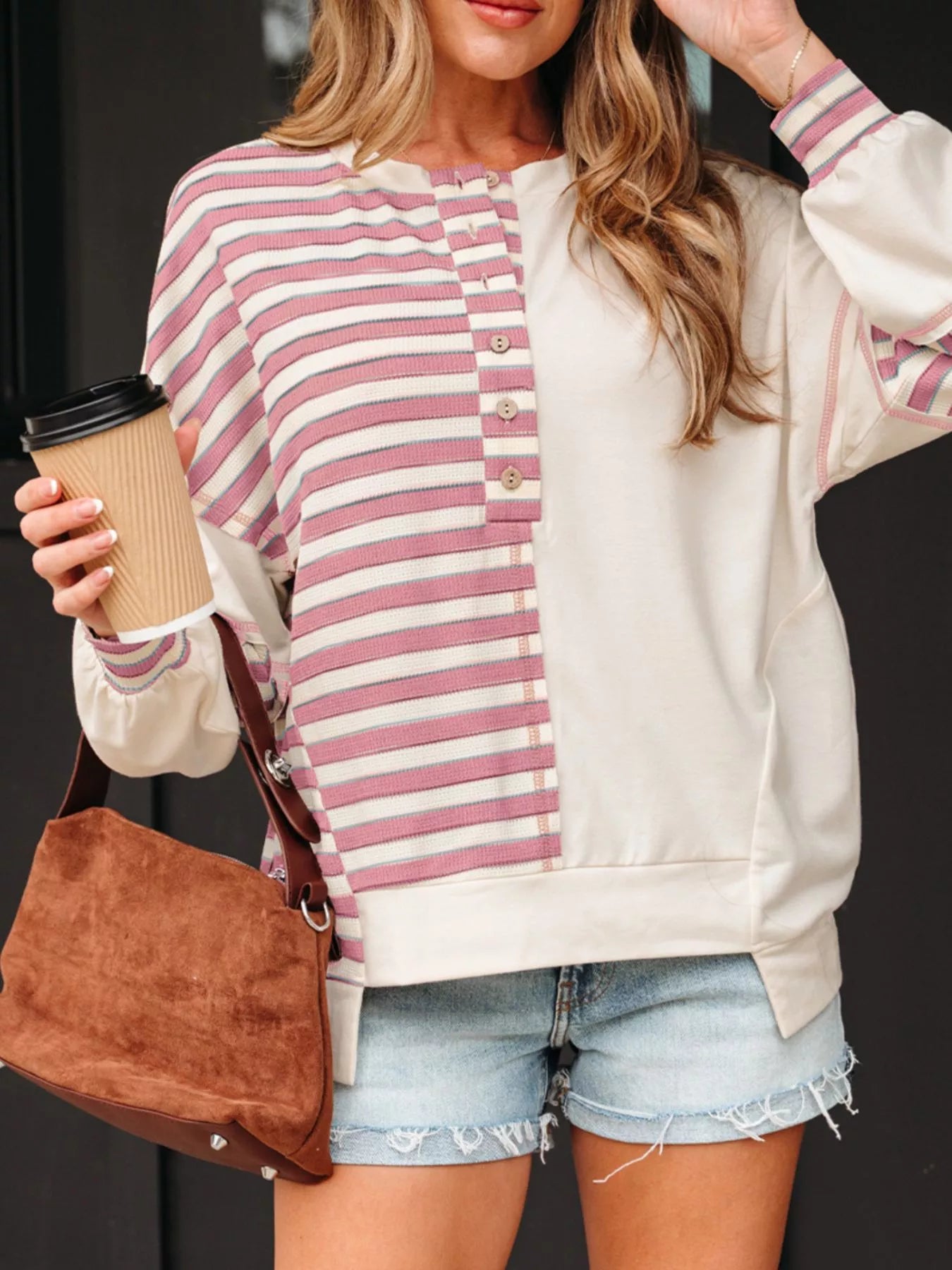 Stripe Stitched Detail Color Block Patchwork Oversized Top Dusty Pink