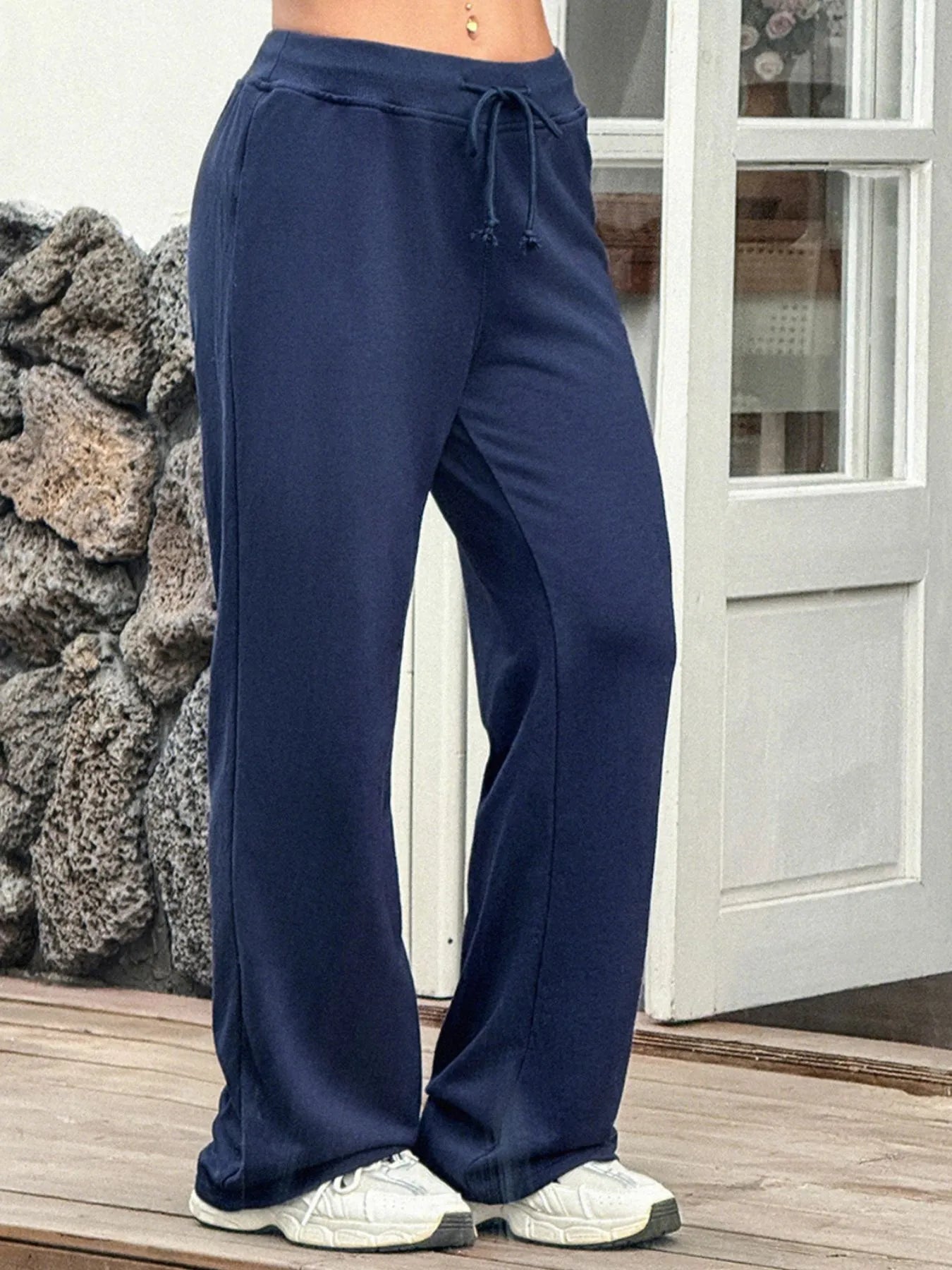 Drawstring Wide Leg Active Pants Navy