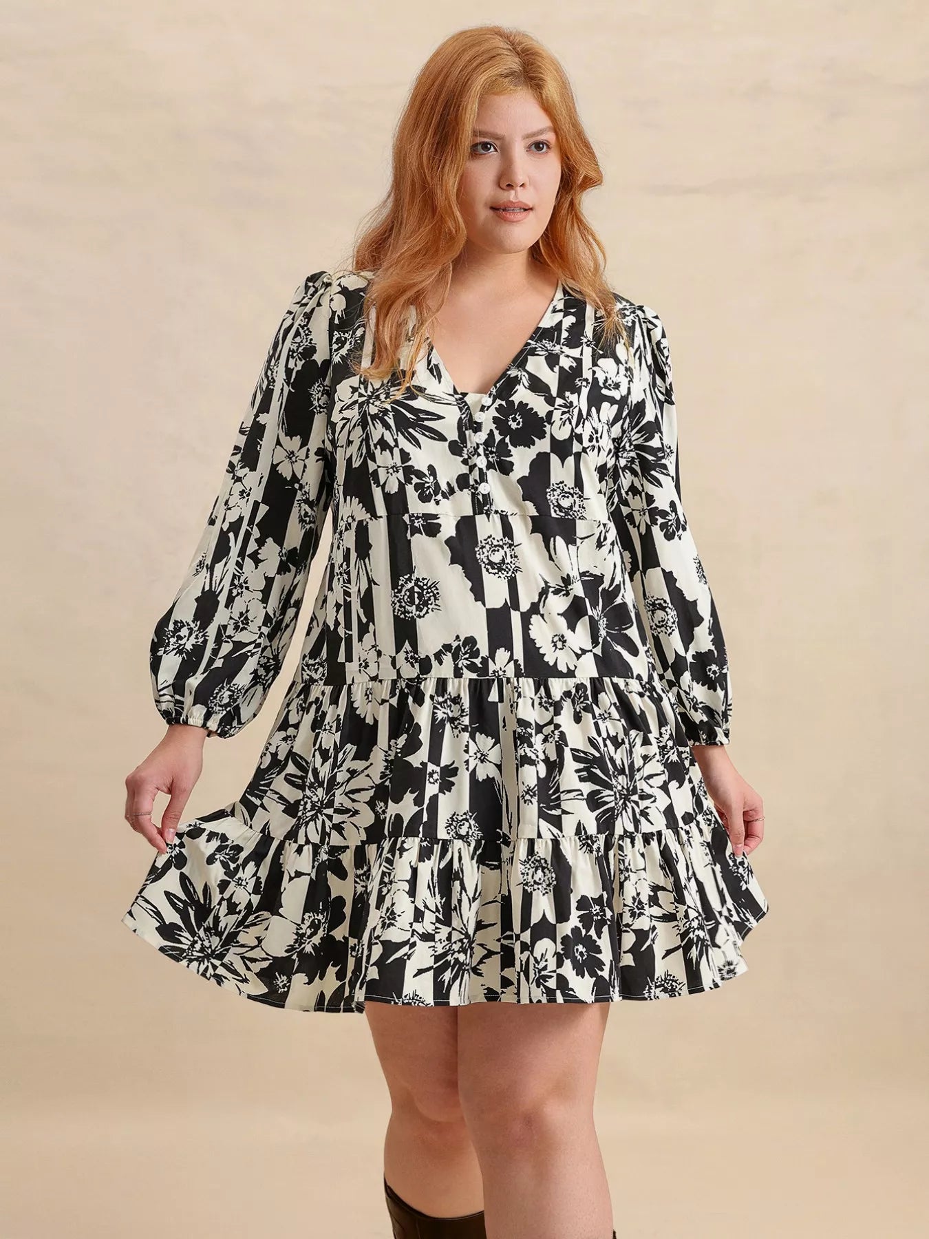 Plus Size Printed V-Neck Long Sleeve Mini Dress