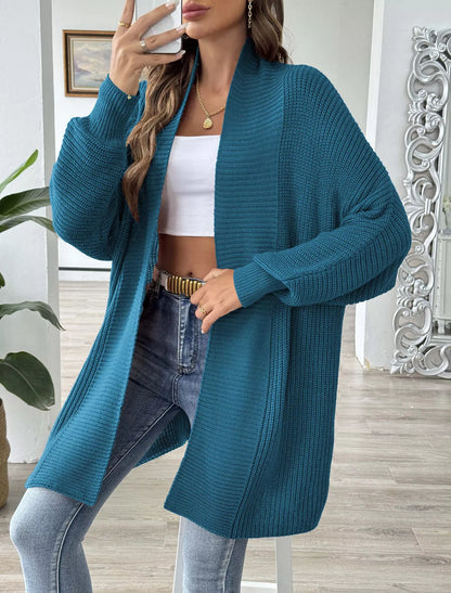 Open Front Ribbed Knit Cardigan Peacock Blue One Size