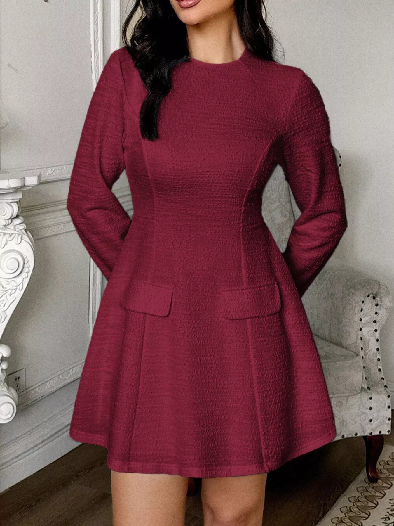 Cutout Back Long Sleeve Mini Dress Burgundy