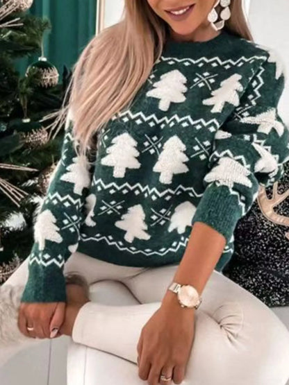 Christmas Tree Pattern Long Sleeve Sweater Green