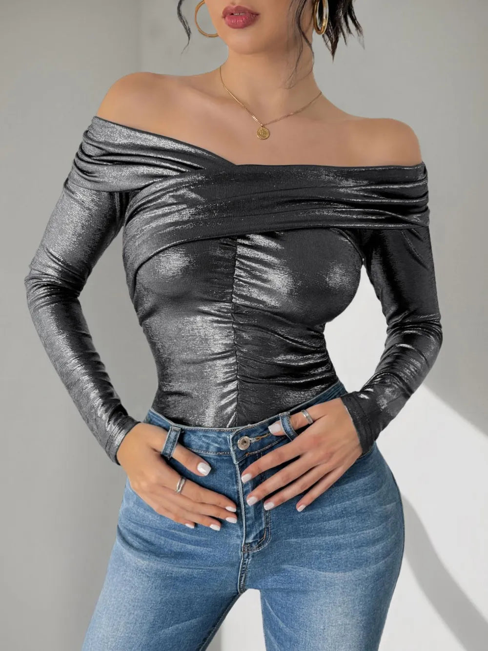 Perfee Ruched Off-Shoulder Long Sleeve Bodysuit Black