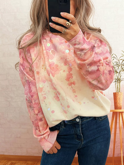 Sequin Crew Neck Long Sleeve Sweater Pink One Size