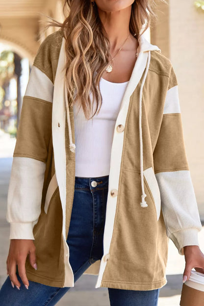 Color Block Knit Trim Drawstring Hoodie Camel