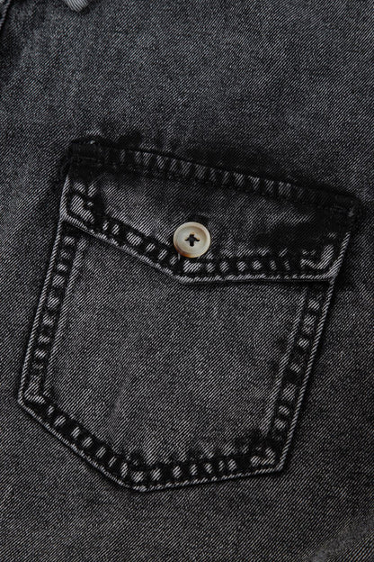 Short Sleeve Flap Pocket Button Up Raw Hem Denim Shirt
