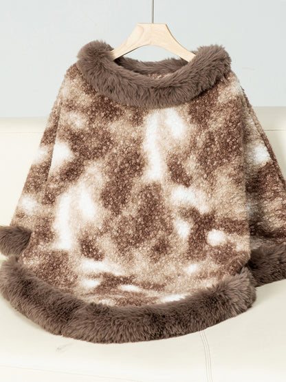 Furry Contrast Three-Quarter Poncho Taupe One Size