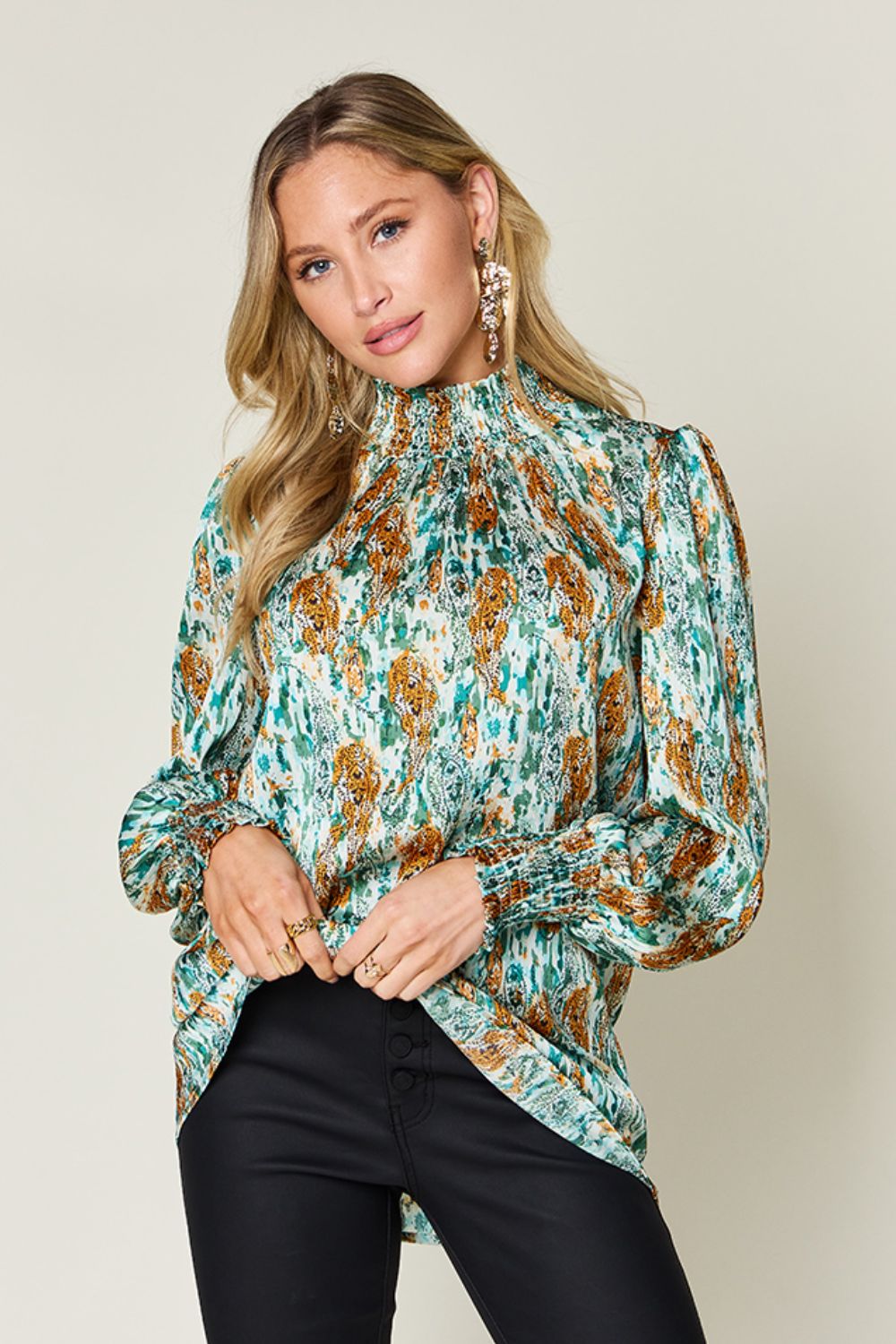 Semi-Sheer Smocked Top with Long Sleeves & Frills
