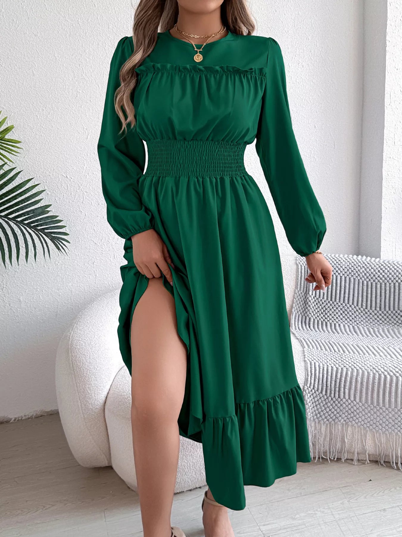 Round Neck Balloon Sleeve Tiered Dress