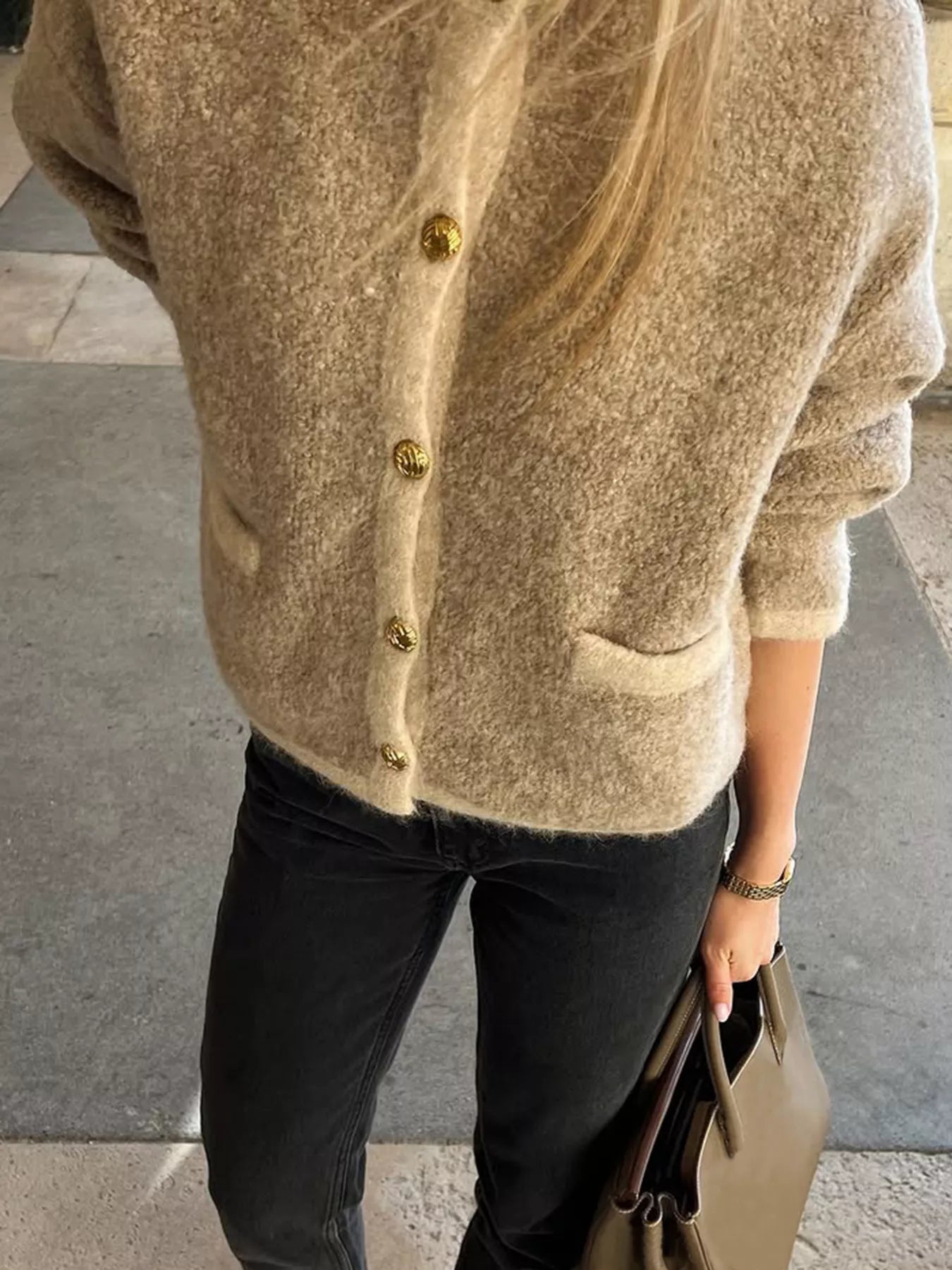Textured Knit Cardigan with Gold Buttons