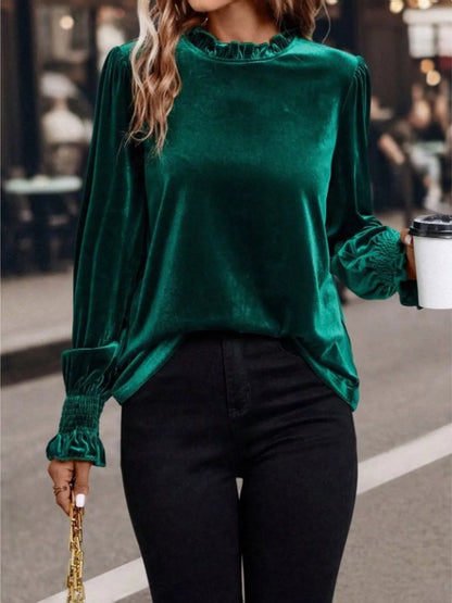 Velvet Ruffle Trim Blouse Green