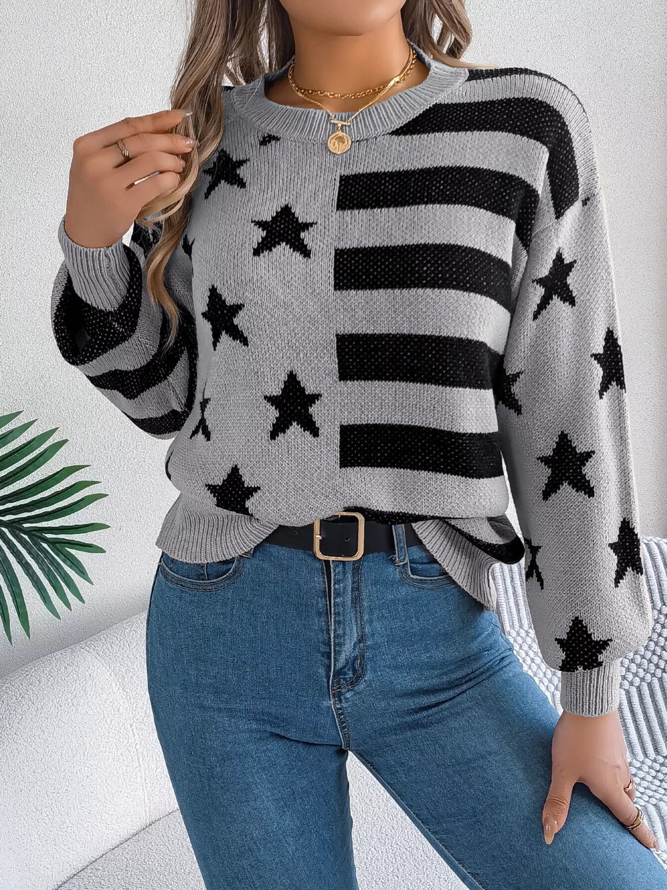 Stars and Stripes Pattern Casual Round Neck Sweater Grey