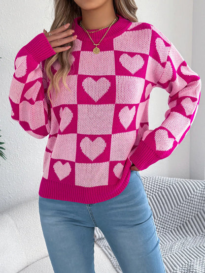 Heart Checkerboard Pattern Round Neck Sweater Pink