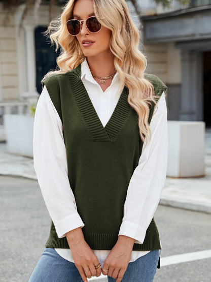 Side Slit V-Neck Sweater Vest Army Green