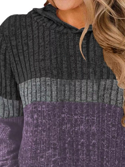 Full Size Color Block Ribbed Knit Hoodie Plus Size
