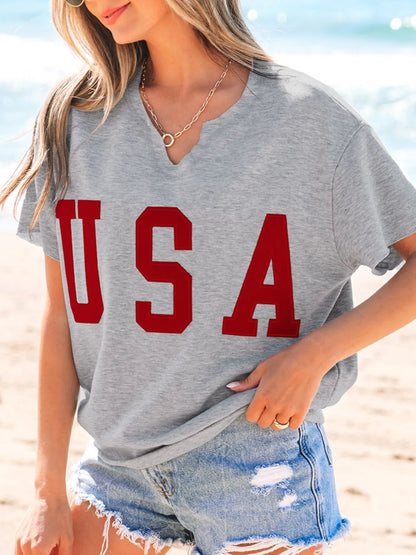 USA Lettering Patch Notched Neck T-Shirt Gray