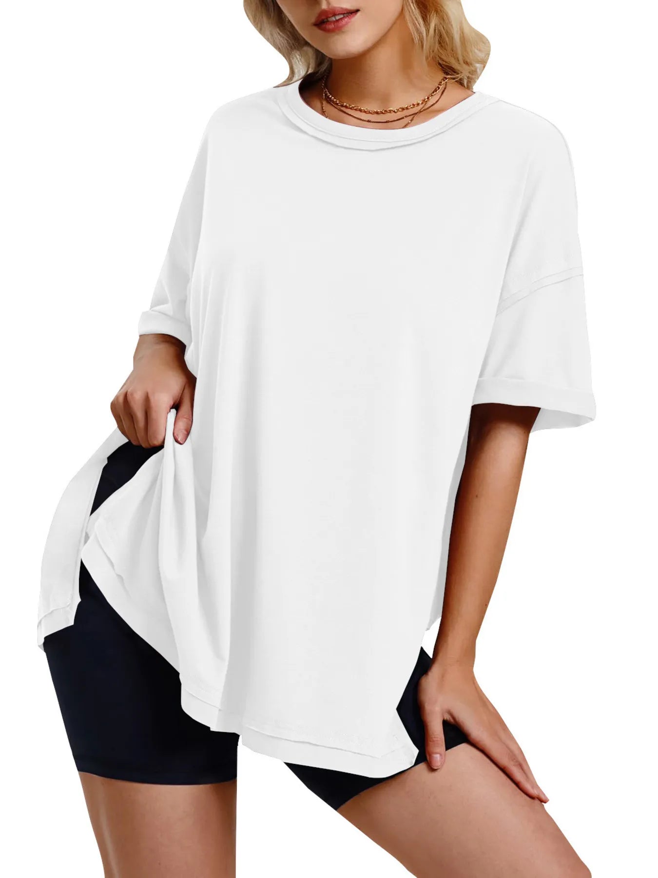 Full Size Oversized Drop Shoulder Side Slit T-Shirt Plus Size White