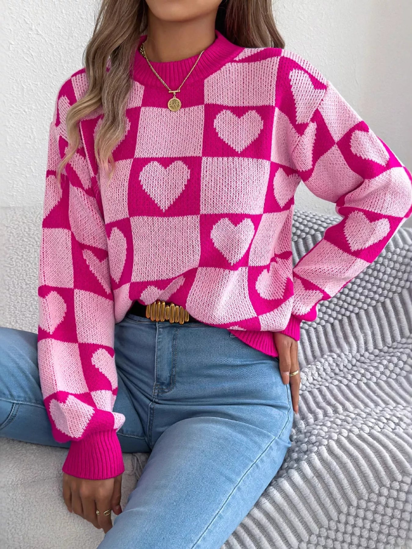 Heart Checkerboard Pattern Round Neck Sweater