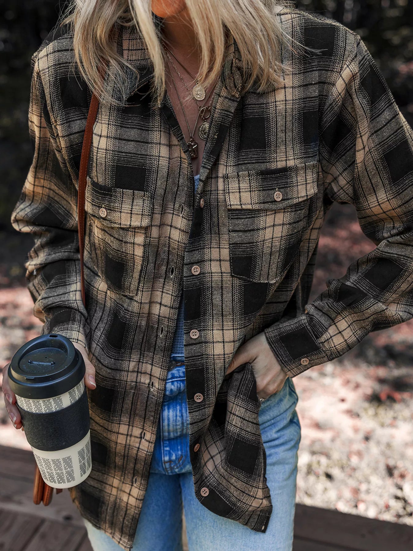 Plaid Double Flap Pocket Brushed Shacket
