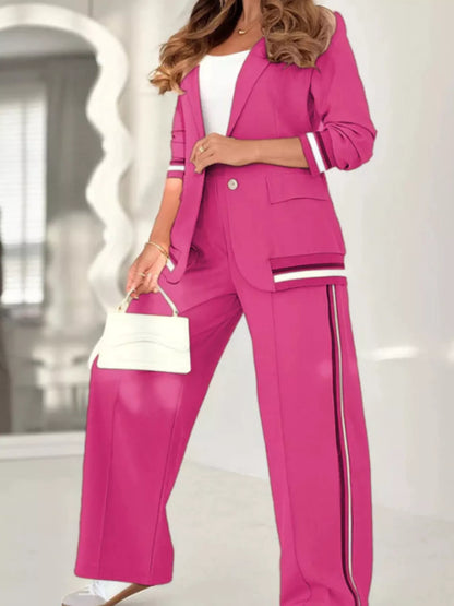 Full Size Striped Trim Button Down Jacket and Pants Set Plus Size Purple